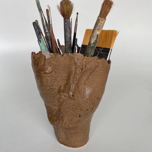 VASE, Pottery Face Glazed w Paint Brushes